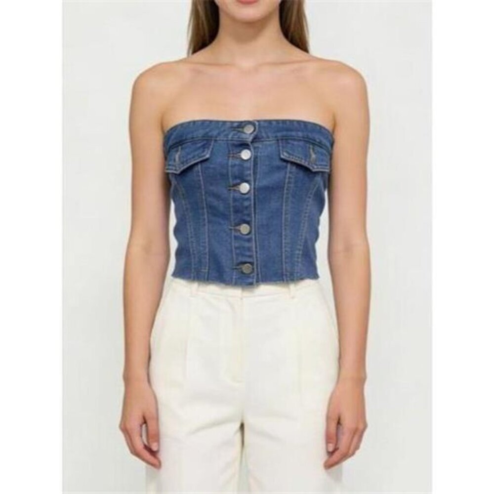 Button Front Denim Tube Top - Picture 4 of 5